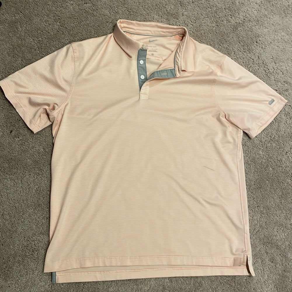 Nike golf polo. Dri-fit. Size Large. Pink and white stripe
